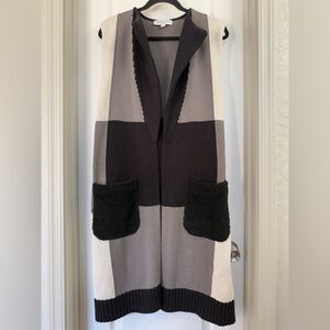 Adam Lippes Cardigan Belted Sleeveless Sweater Long Vest Black/Grey/Cream Size S
